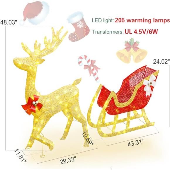 Pre-lit Christmas Reindeer,  Light Up Gold Deer and Red Sled with LED Light - Picture 6 of 7